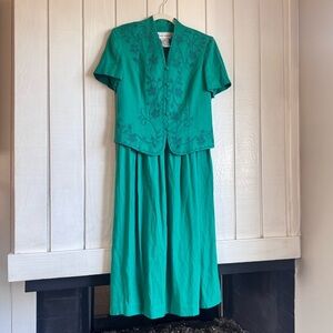 Vintage 80s Karin Stevens Green Embroidered Dress Set